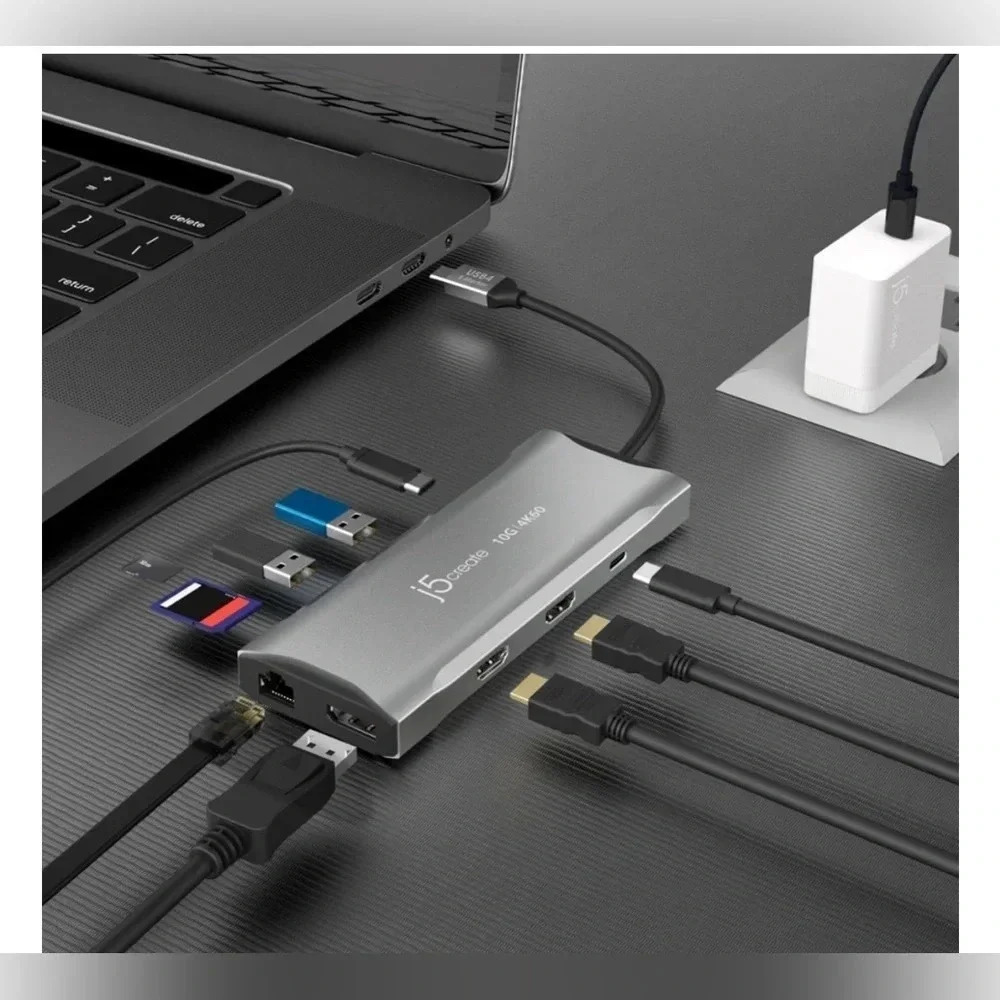 NEW j5create - 4K60 Elite USB-C Triple-Monitor 10Gbps Mini Dock - Space Grey - Picture 9 of 12